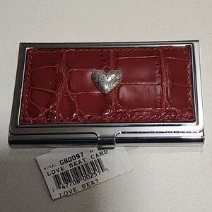 Brighton Love Beat Card Case Red Embossed Italian Leather Silver Tone Heart NWT